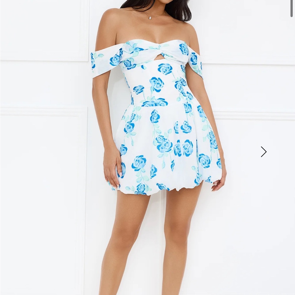 Hello Molly White and Blue Ruffled Off-Shoulder Mini Dress